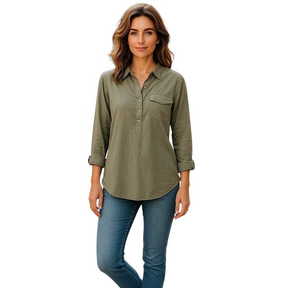 J.Crew Cotton Tab Sleeve Popover Top Olive Green Size L Minimalist Beach Spring - Picture 1 of 12